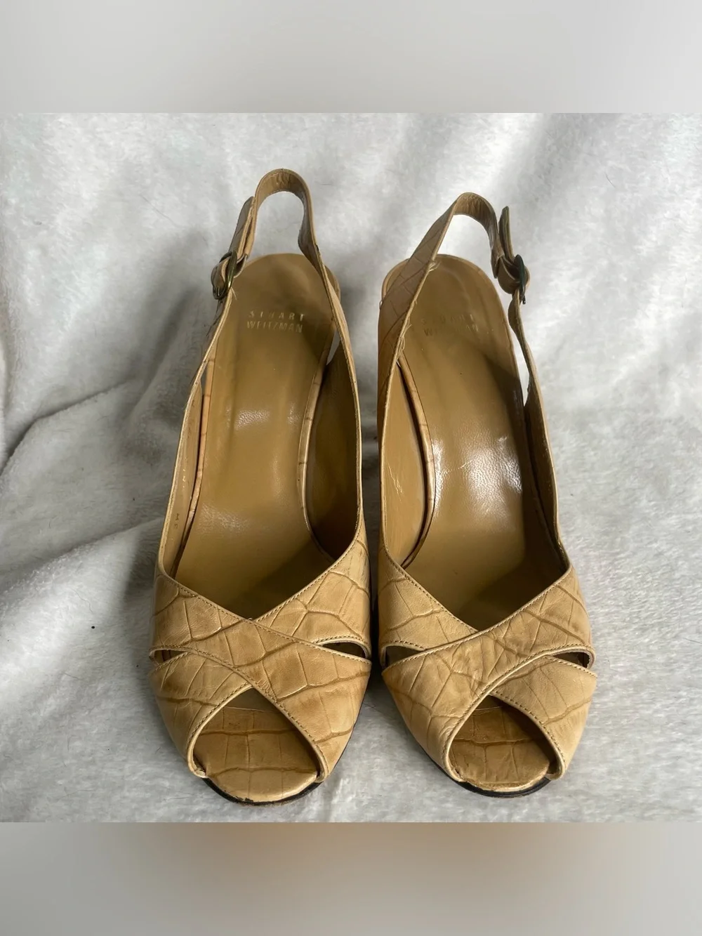 Stuart Weitzman Wedge Sandals 9.5 M Beige Croc Embossed Slingback Peep Toe Shoes